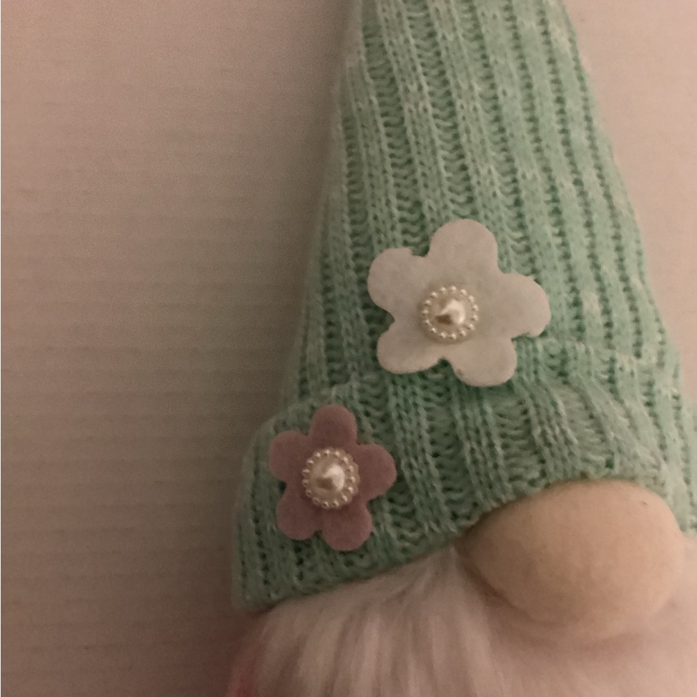 Plush Mint Green and Pink Knit Gnome Decor with 2 flowers like new - Picture 2 of 4